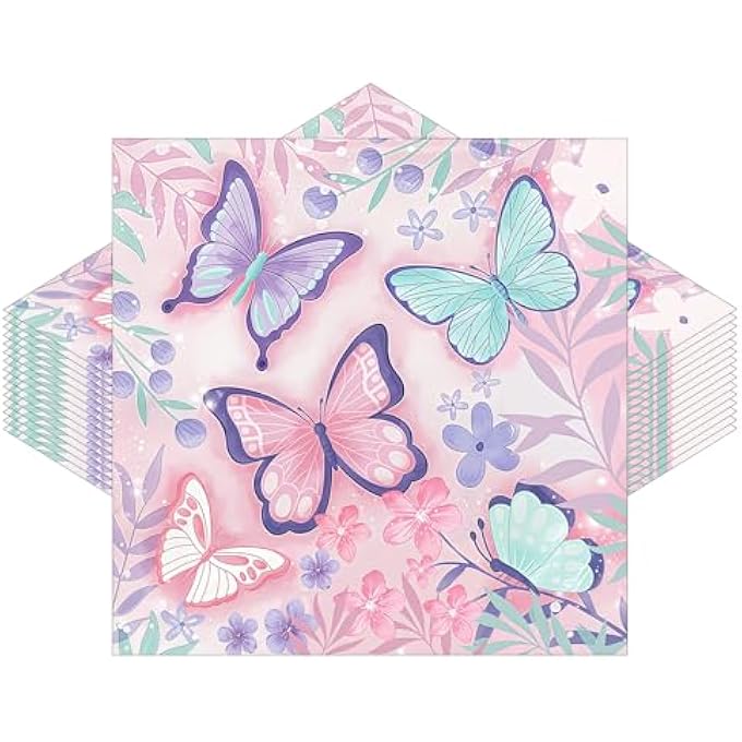 PACK OF 30 BUTTERFLY BIRTHDAY NAPKINS, BUTTERFLY PARTY NAPKINS, 33 X 33 CM, NAPKINS CHILDREN'S BIRTHDAY DECORATION GIRLS, FOR GARDEN PARTY, WEDDING, CHILDREN'S BIRTHDAY - Image 1